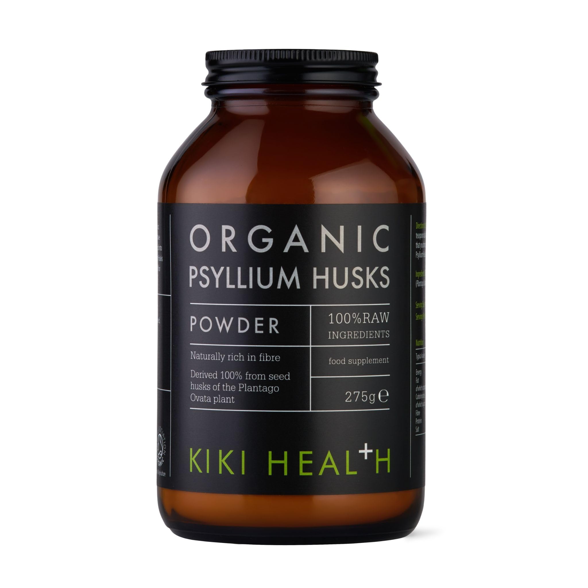KIKI Health Premium Certified Organic Psyllium Husk Powder | 100% Soluble Fiber for Digestion, GMO-Free, Rich in Nutrients, Gluten/Wheat-Free | Supports Digestive Wellness & Mineral Absorption - 275g
