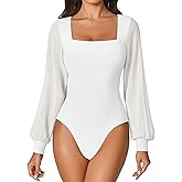 Avidlove Women Puff Long Sleeve Bodysuit Mesh Square Neck Thong Sexy Body Suits Double Lined Leotards