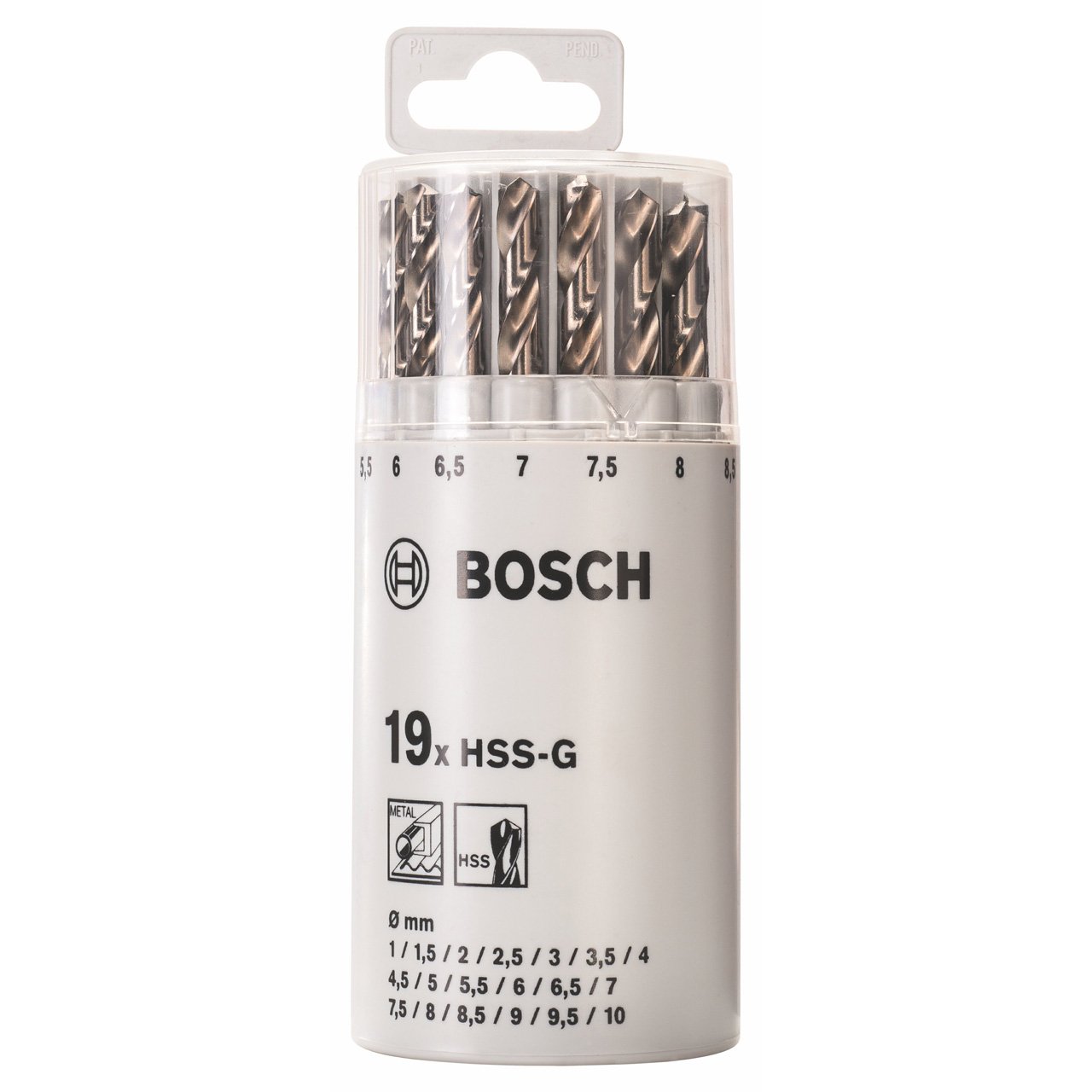 Bosch Professional 19-piece metal drill bit set HSS-G 135° DIN 338 (for metal, Ø 1 - 10 mm, in Plastic Tube, Accessory Drill Driver)