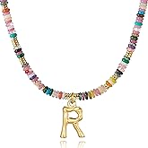 YOUFENG Initial Letter Necklaces for Women Colorful Beaded Gemstone Choker 14K Gold Plated Bamboo Letter Pendant Necklace Natural Stone Handmade Jewelry Gift