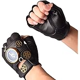 GRACEART Steampunk Leather Gloves Men with Gears Fingerless Mittens Heavy Metal Rocker Gloves