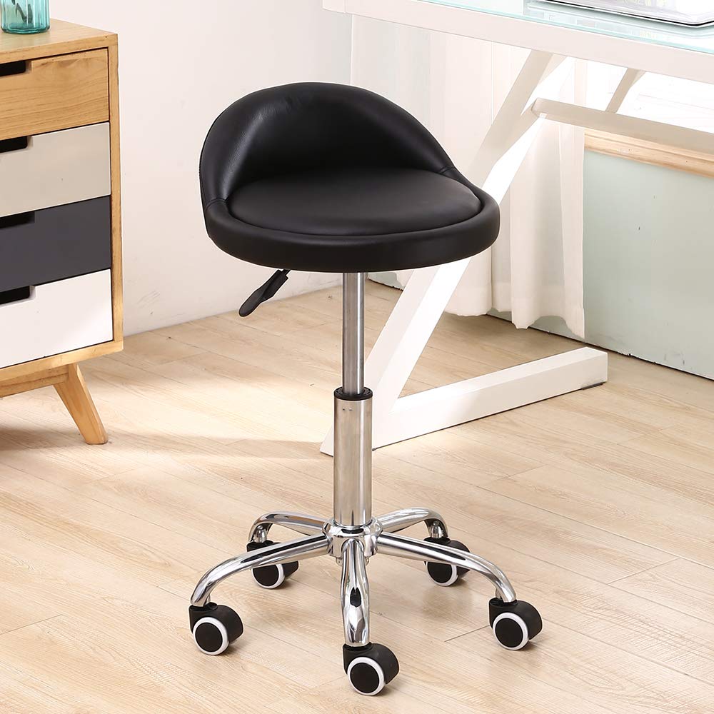 KKTONER PU Leather Round Rolling Stool with Back Rest Height Adjustable Swivel Drafting Work SPA Medical Task Chair with Wheels Black