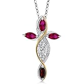 Cross Necklace For Women In 925 Silver and 10K Yellow Gold with Lab Grown Diamond and Created Ruby and Garnet | 1.52 Cttw | Jesus Christian Religious Crucifix | Marquise Cut 8X4MM | 18 Inch Chain