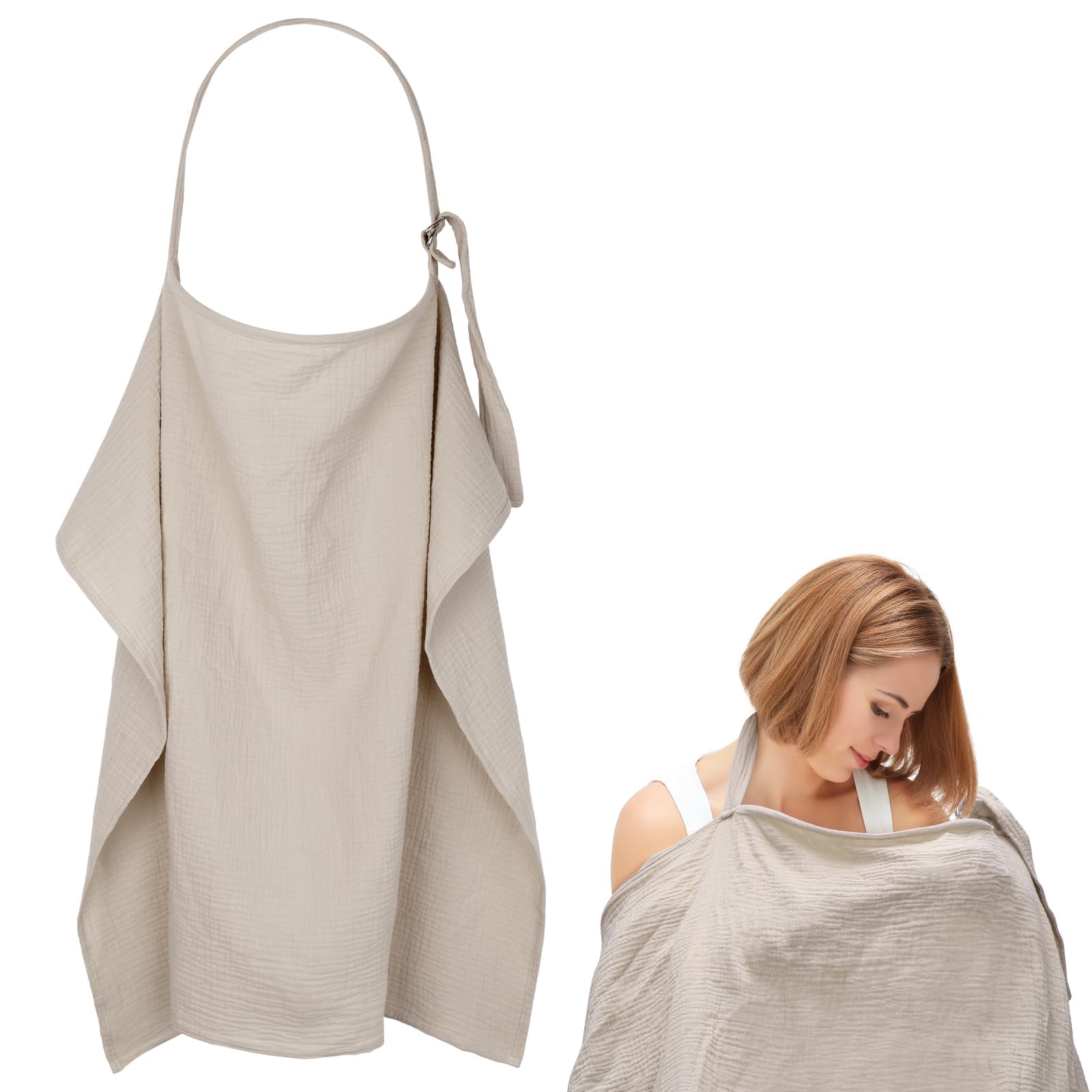 Huiguli Breastfeeding Cover, Upgraded 75 x 110cm Soft 100% Cotton Muslin Nursing Cover with Adjustable Strap for Comfortable Mom & Baby Breastfeeding(Khaki)