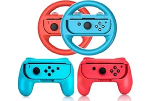 TIZOPO 2 PCS Grips for Joy Con and 2 PCS Steering Wheel Compatible for Nintendo Switch Wheel, Family Sports Party Pack Accessories Compatible with Switch / Switch OLED JoyCon Controllers, (Blue and Red)