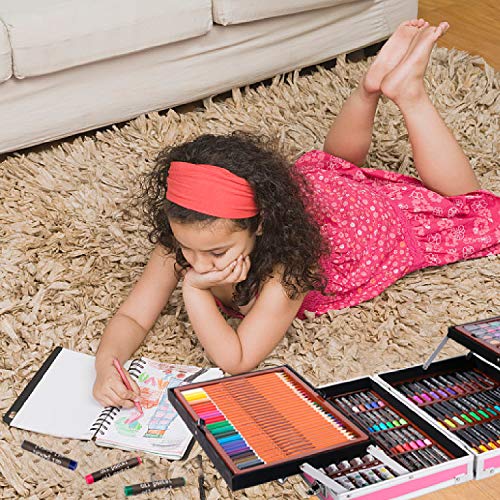 H & B Deluxe Art Set 145-Piece 2 Layers, Kids Art Supplies for Drawing, Painting, Portable Aluminum Case Art Kit for Kids, Teens, Adults Great Gift for Beginner and Serious Artists, Pink