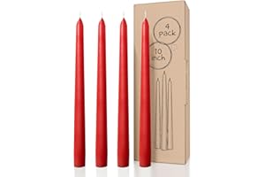 CANDWAX 10 inch Red Taper Candles Set of 4 - Dripless and Long Burning Red Candlesticks - Perfect as Christmas Candlesticks for Dinner or Holiday Home Decor - Christmas Candle Sticks