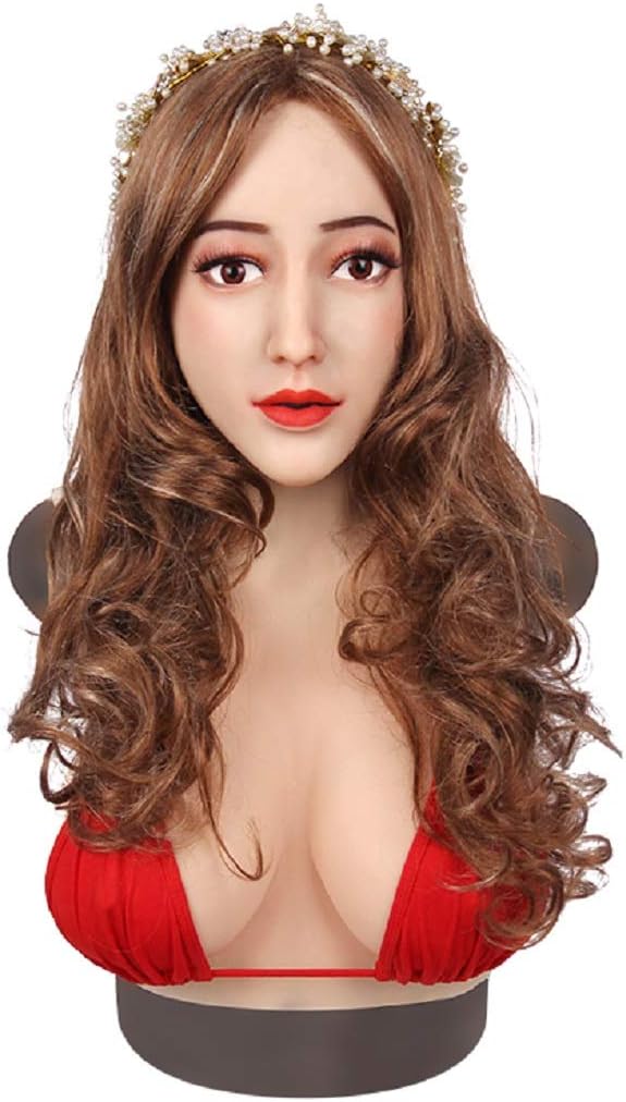KAKU Soft Silicone Realistic Female Head Mask with Breast E Cup Lifelike Face for Crossdresser Cross Dressing Body Suit Transgender Costumes for Men Women Cosplay Costume White
