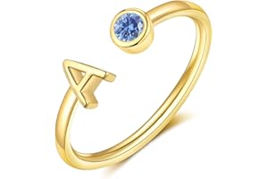 FUNEIA Initial Birthstone Rings for Women Non Tarnish Trendy Stackable Dainty Gold Letter Adjustable Emerald Green Cubic Zirconia Ring for Mothers Daughter Birthday Bridesmaid Gifts Jewelry