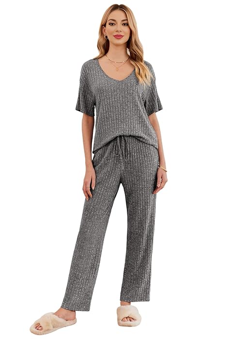 SotRong Two Piece Summer Outfit Women Loose Cozy Lounge Set Ladies Solid Co Ord Tracksuit V Neck Pyjamas Sleepwear Homewear Nightwear Set Dark Grey M