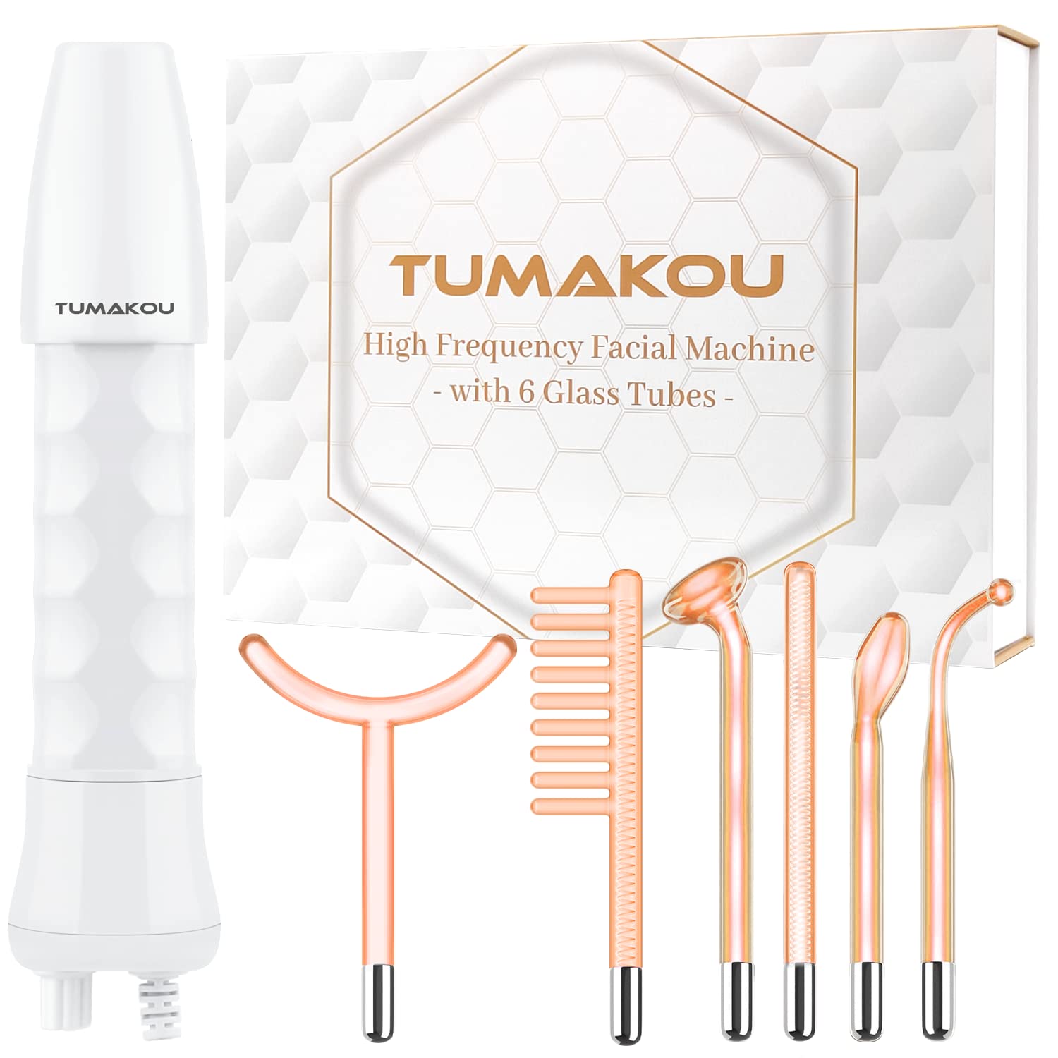 High Frequency Wand - TUMAKOU 6 IN1 Portable Neon High Frequency Facial Skin Tightening Wand Machine - Orange Light Therapy Electrode Face Device for Acne,Wrinkle,Hair - with Different 6 Glass Tubes