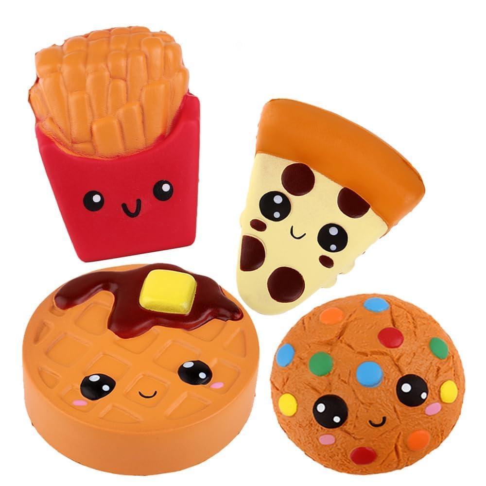 Anboor Squishies 4 Pcs French Fries,Cake,Cookie,Pizaa Slow Rising Super Soft Scented Kawaii Squeeze Squishy Food Pack Toys Stress Relief Gift Collection