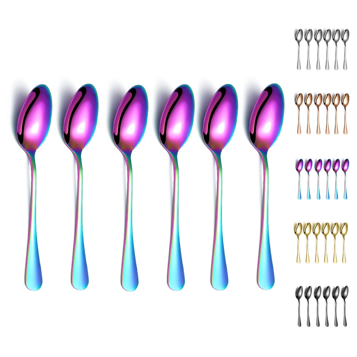 Rainbow Dinner Spoons, Kyraton 6 Pieces 19 cm Stainless Steel Table Spoon with Titanium Colorful Plating, Rainbow Soup Spoons, Dessert Spoons Sliverware Dishwasher Safe Set of 6