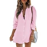 Womens Beach Cover Up Button Down Shirts Summer Cotton Gauze Tops Long Sleeve Bikini Swimsuit