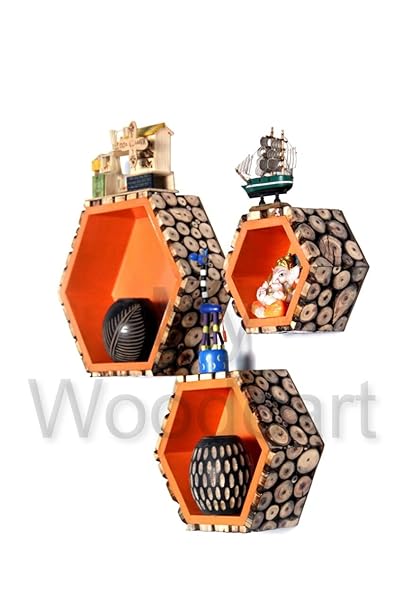 myWoodKart Decorative Orange Hexagon Shape Wooden Wall Mounted Shelf Set of 3 | Wall Shelves Home Decor for Living Room | Storage Shelves | Display Hanging Shelves