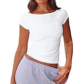 Beumissy Women's Boat Neck Short Sleeve T-Shirts Y2K Cute Going Out Tops Summer Baby Tees