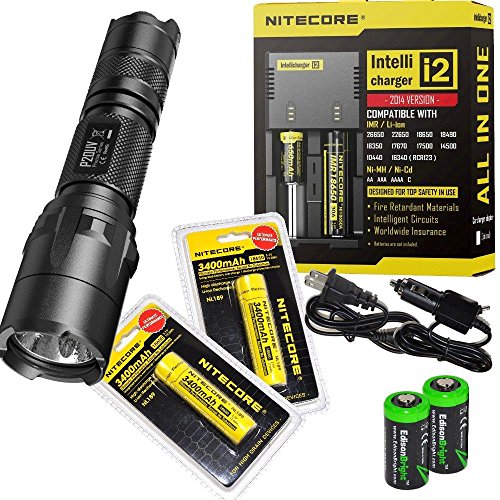 Nitecore P20UV 800 lumen Tactical Duty LED Flashlight with Built-in UV Black Light with two Genuine Nitecore NL189 18650 3400mAh Li-ion rechargeable batteries, Nitecore i2 2014 intelligent Charger, Car Charging Cable and 2 X EdisonBright CR123A lithi