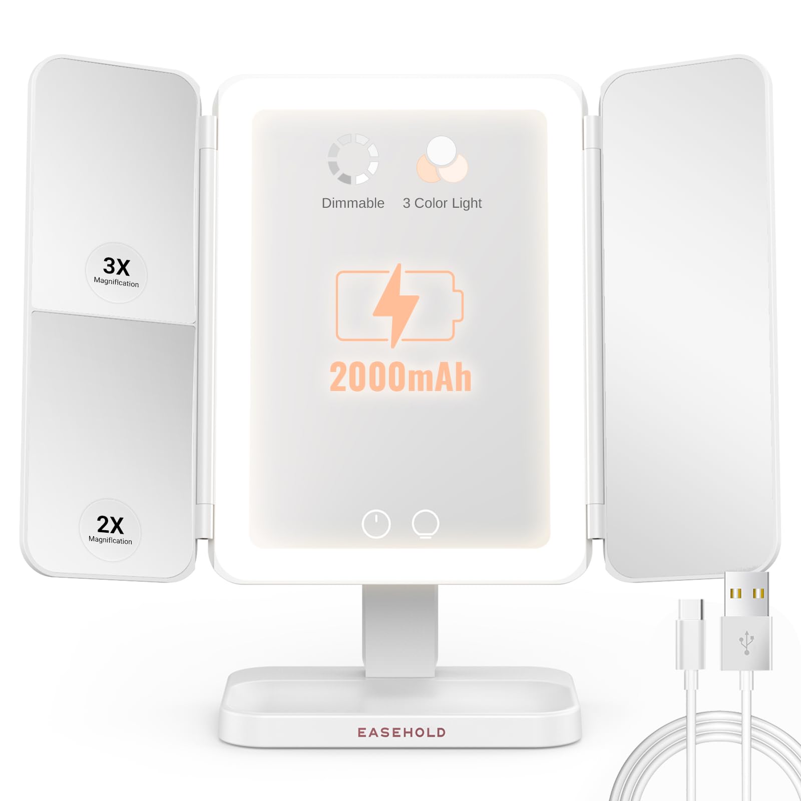 EASEHOLD Makeup Vanity Mirror with Lights 60 LED Lighted Mirror 1X/2X/3X/10X Magnification Trifold Mirror with Touch Screen 180 Degree Rotation Dual Power Supply Dimming Lit Cosmetic Mirror