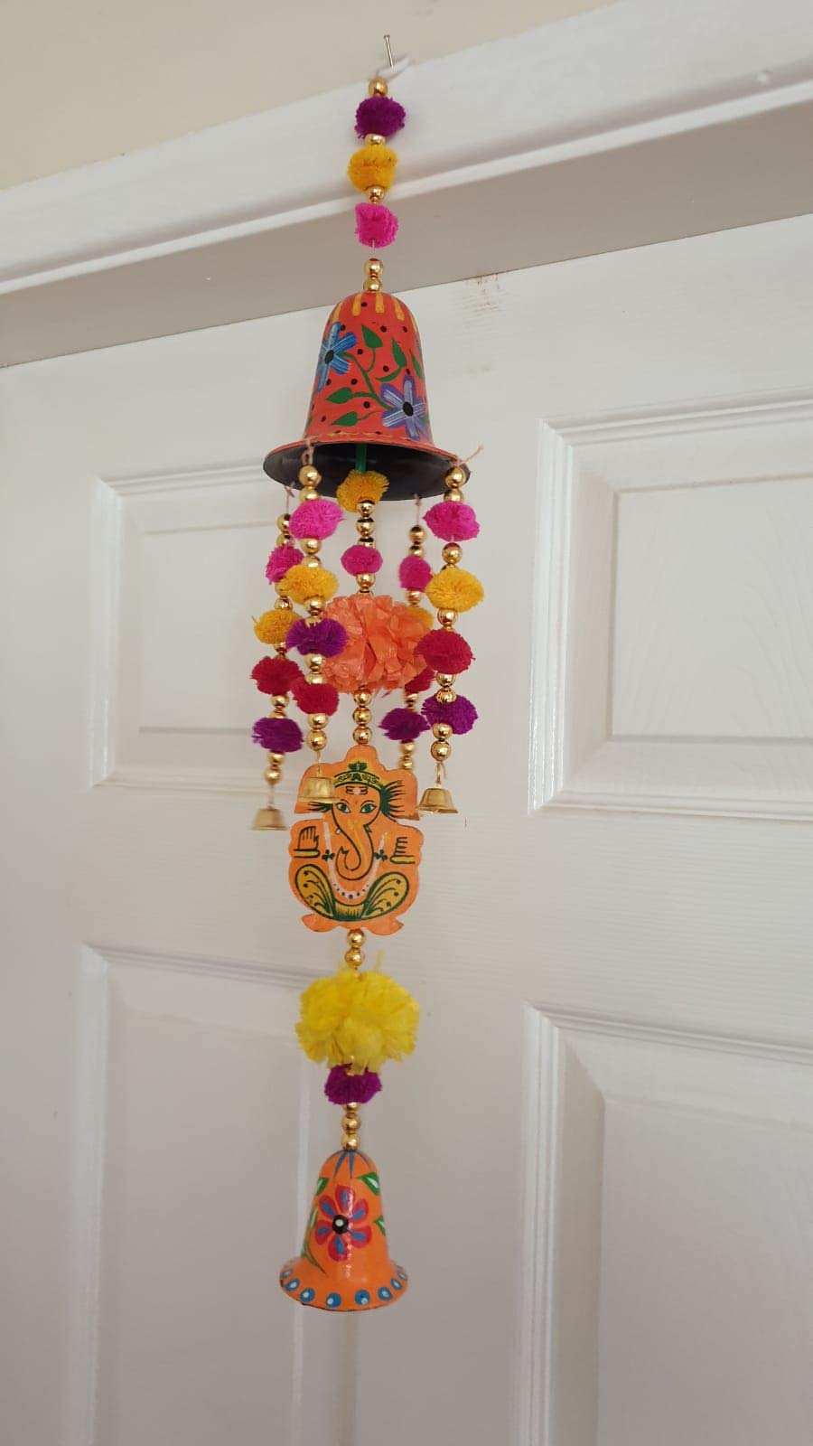 Estationeryhouse Exclusinve Marigold wind chime handcrafted Rajasthani Multi colored with Bells Pom Pom luck charm Indian festival Ganesha Elephant Kalash Swastika (Ganesha)