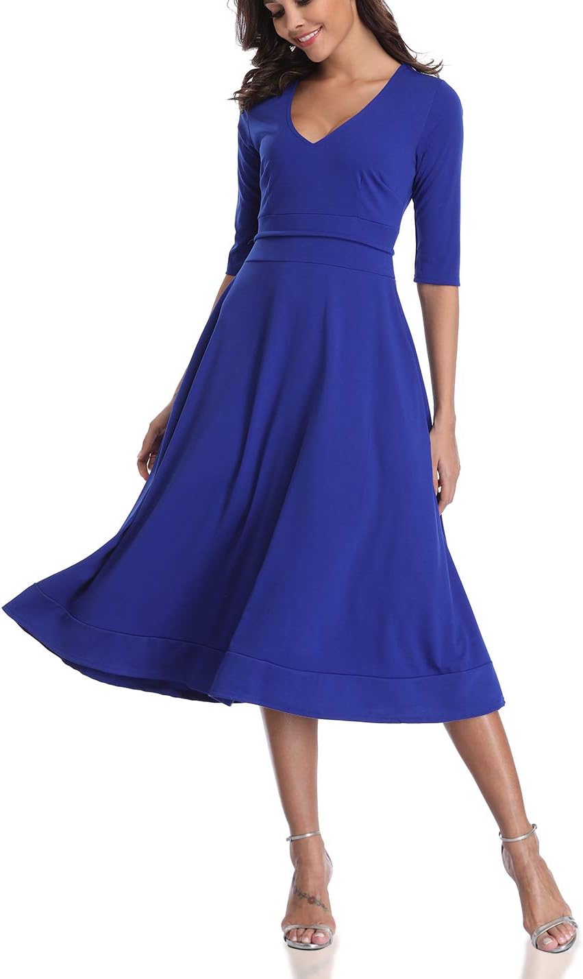Owin Women's Vintage Dress Elegant Half Sleeve V Neck High Waist Midi Swing Cocktail Dress