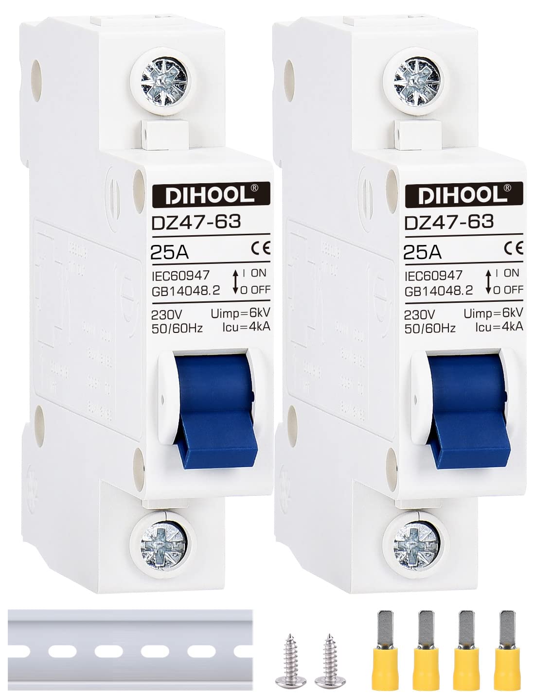 DIHOOL Miniature Circuit Breaker MCB, 1 Pole, 25Amp,230VAC,Type C, 2pcs — image 1