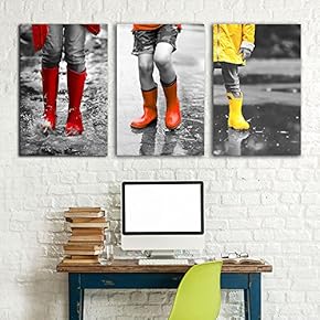 3 Panel Canvas Wall Art - Bright Color Red and Yellow Rain Boots in Black and White Photo - Giclee Print Gallery Wrap Modern Home Art Ready to Hang - 16"x24" x 3 Panels