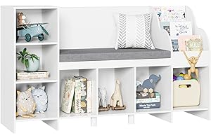 HOUSUIT 55" Kids Bookshelf with Reading Nook, Bookcase with Seat Cushion and Storage Cubbies, Kids Reading Nook with Adjustable Shelf, Toy Organizers and Storage with Bench for Playroom, White