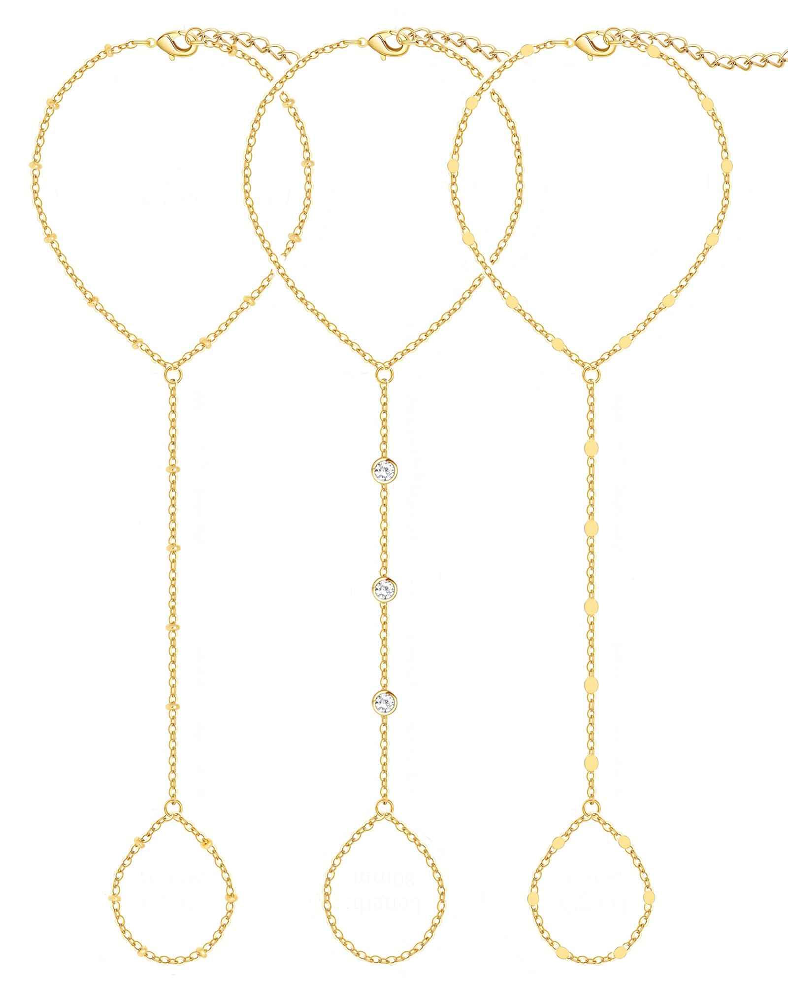 Photo 1 of 3PCS 14K Gold-Plated Hand Chain Bracelets for Women, Stack Bracelets Set Adjustable, Dainty Ring Bracelet Hand Chain