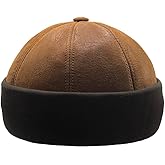 Lukkizara Winter Sheepskin Leather Fur Knit Beanie Cuff Round Bucket Winter Ski Docker Hat