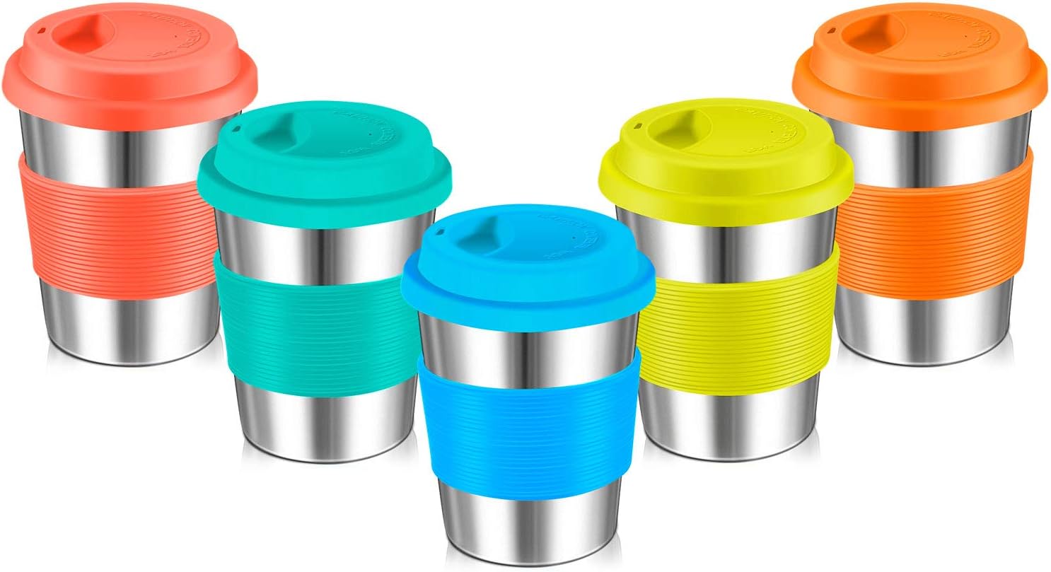 Kids Stainless Steel Cups with Lid &Silicone Sleeve, Kereda 230ml 8oz Food-grade Stackable Metal Drinking Tumbler Lead BPA Free Mug for Children Camping, Travel, Hiking, Outdoor&Everyday Use, Set of 5
