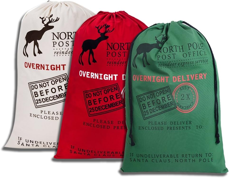 3 PCS Christmas Canvas Drawstring Bag Santa Sack Gifts Large 27.5"x19.5"