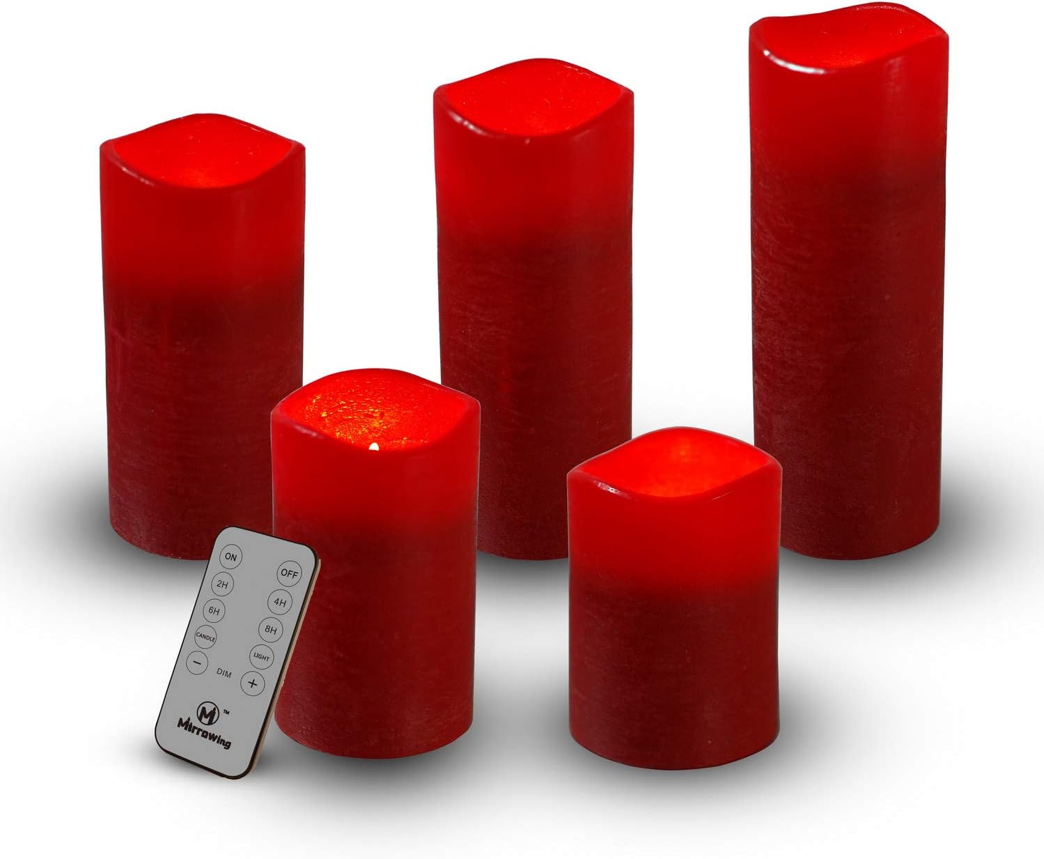 M Mirrowing Flameless Candles, Decorative Rustic Textured Red Candle. Set of 5 3"Dx4