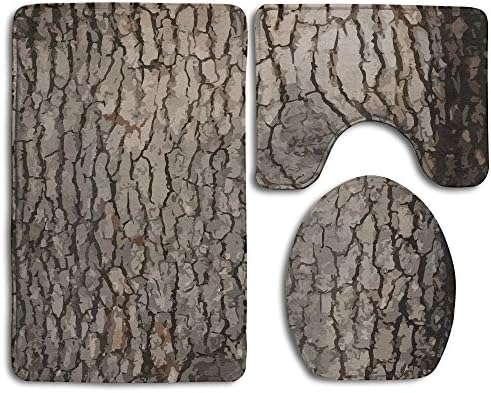 Nature Tree Old Pine Bark Wood 3 Piece Bath Rug Set Bathroom Rug Large Contour Mat With Lid Cover Washable Mat