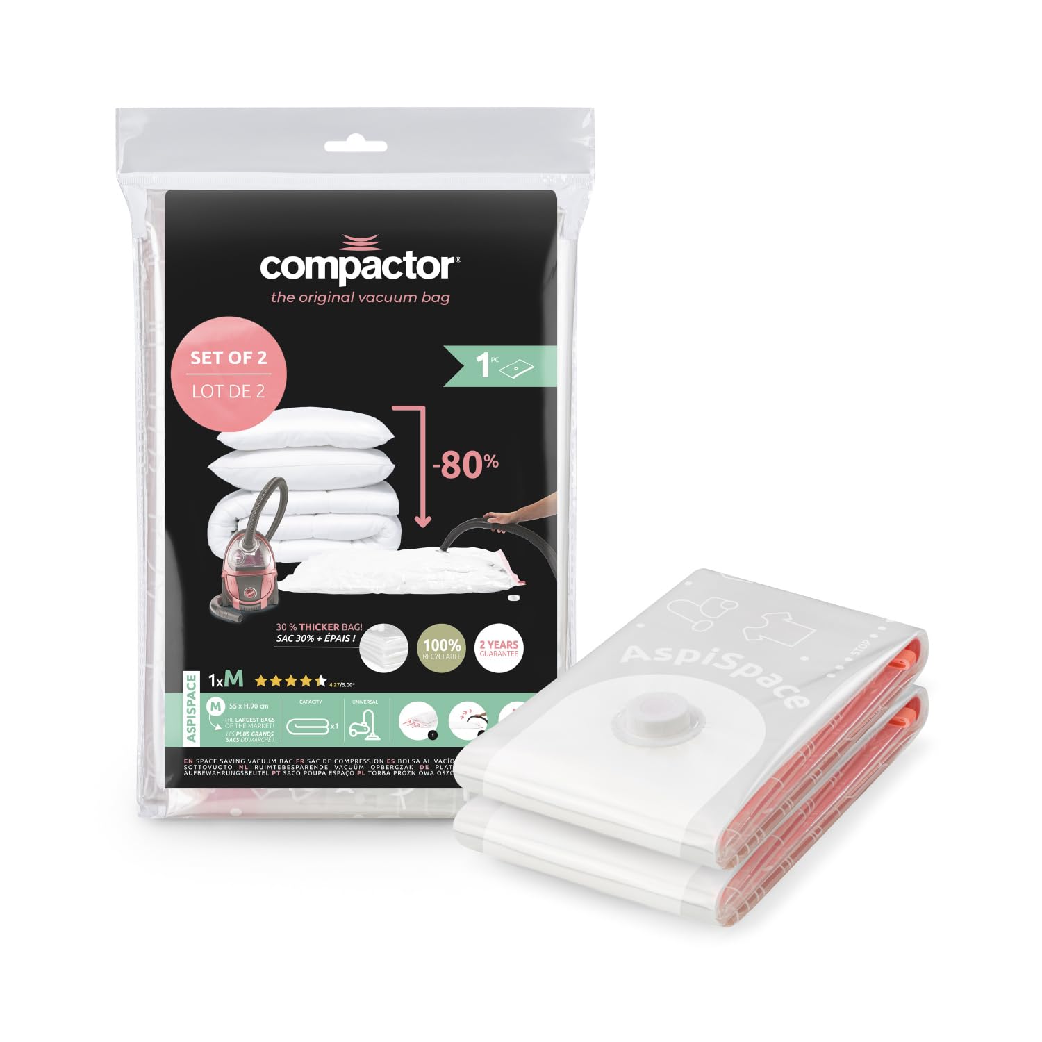 Compactor Set of 2 Vacuum Compression Bags, Size M - Reusable, Space-Saving Storage Solution With Ultra-Efficient Valve