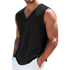 Men's Raw Edge Cotton Linen Tank Tops Casual Loose Vintage Sleeveless V-Neck Shirts Renaissance Hippie Beach Tee