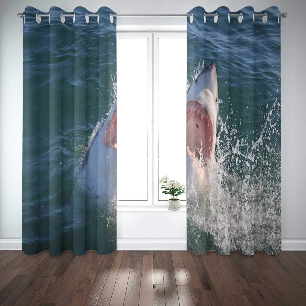EMMTEEY Great White Shark with Mouth Wide Open Bay South Africa Atlantic Ocean Carcharias False 52X63 Window Curtain Panels Kids Boys Girls 2 Panel Sets for Living Room Bedroom Décor