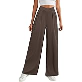 FireSwan Womens Wide Leg Work Pants Crossover Pleated Front Casual Slacks Flowy Palazzo Trousers with Pockets