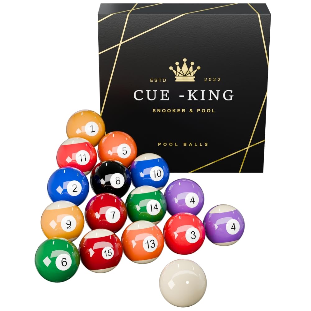 Cue-King Premium Pool Balls Complete Set Grade AA, 2” 16 Pool Ball Set with 1-7/8" Dotted Object Ball, Red and Yellow Pool Balls for Pool Table, Premium Quality