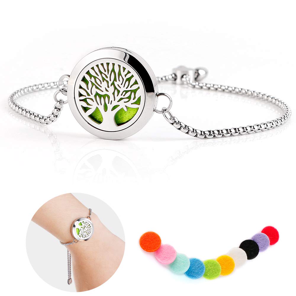 Maromalife Diffuser Bracelet Adjustable Slide Healing Bracelet Stainless Steel Locket Tree of Life with 10 Felt Pads