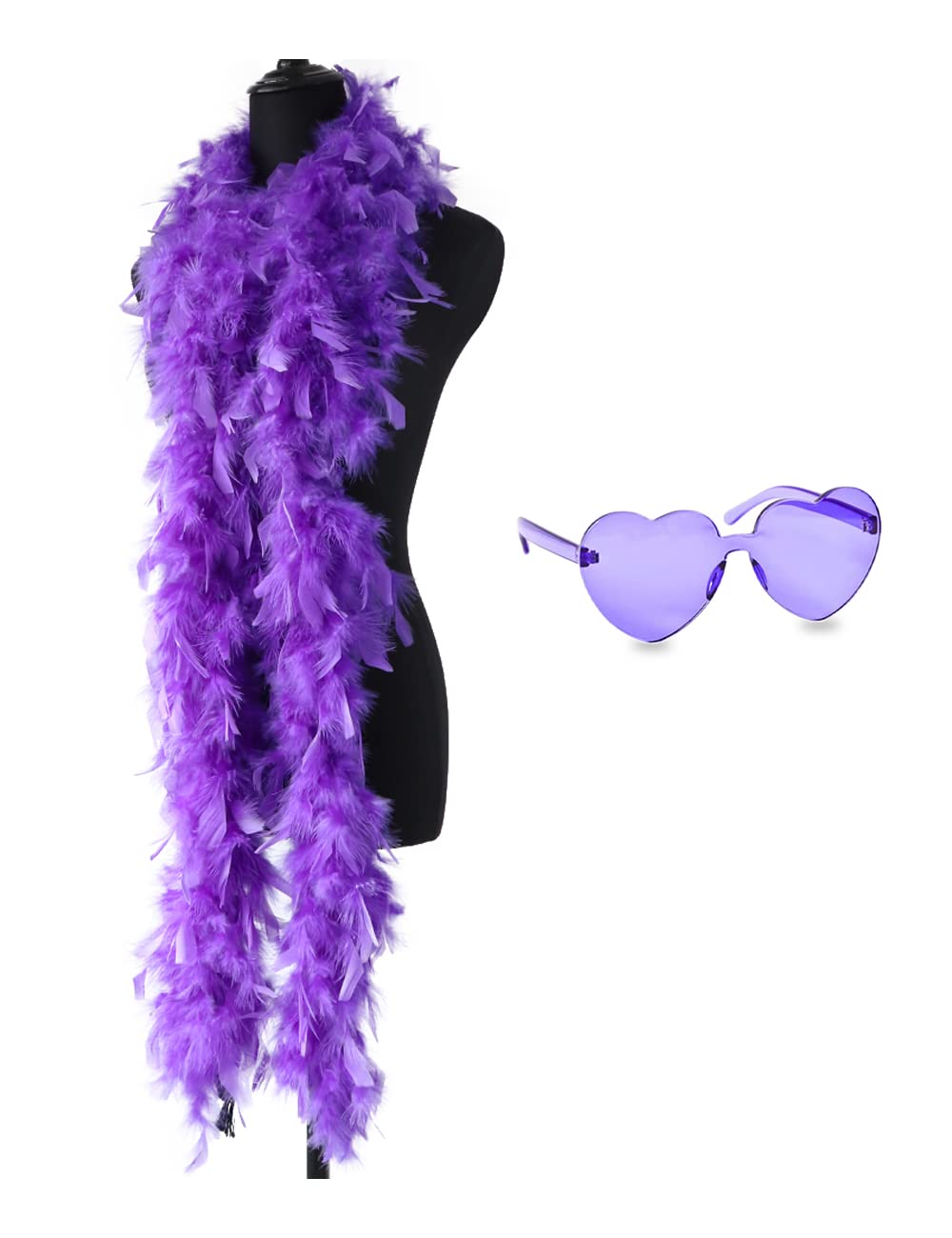 db11 Colorful Feather Boas, 6.6ft Feather Boa for Women for Dancing Wedding Party Cosplay Halloween,with Heart Rimless Sunglasses (Purple)