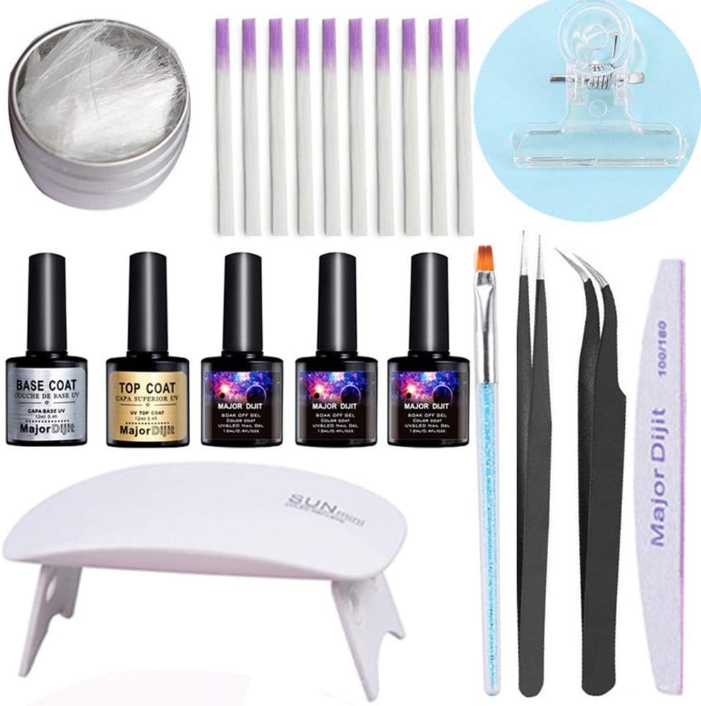 Nail Extension Gel Kit, Fiberglass Nail Form for Nail Art Quick Extension, Including Soak-off UV Gel, Top Coat Base Coat, Fiberglass, UV Lamp, Nail Form Clip, Tweezers, Brush, Nail File Buffer