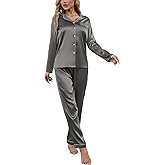 Drtope Women's Classic Button Down Long Satin Silk Pajama Set 2 piece pajama set for women silky pajama set for women