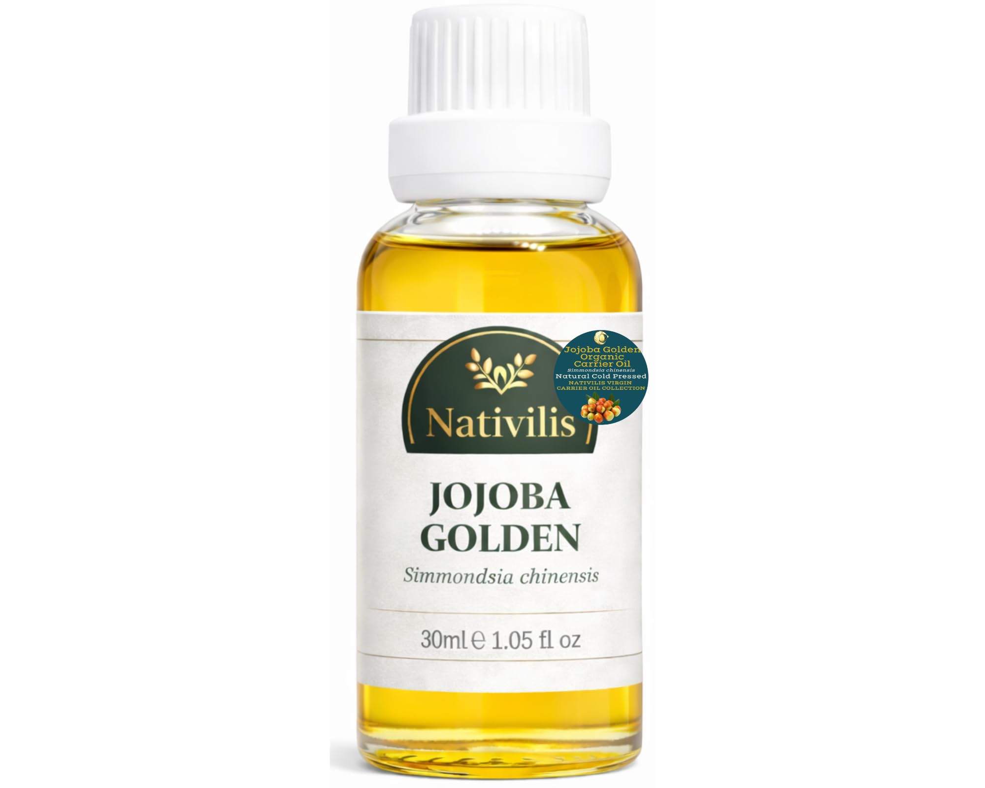 Nativilis Organic Jojoba Golden Carrier Oil (Simmondsia chinensis) 30ml / 1.05 fl oz – Cold Pressed, 100% Pure, Non-Greasy, Skin & Hair Moisturising Oil, Suitable for Acne-Prone Skin - Copaiba