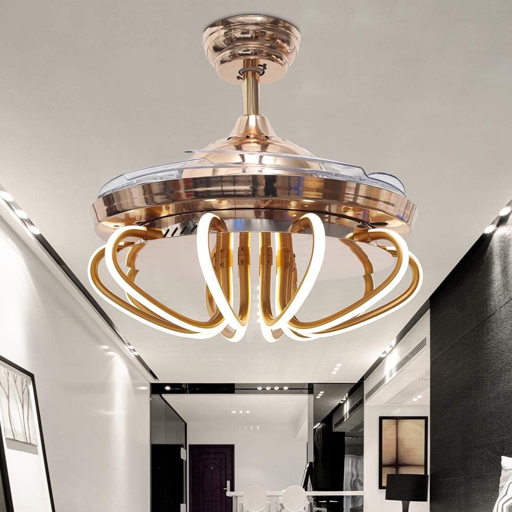 Huston Fan Postmodern Chandelier Fan with 4 Retractable Acrylic Blade and 8 Acrylic Bent Pipe for Indoor LED 3 Color Change-White/Yellow/Neutral Invisible Fold Quiet Remote Lighting 42 Inch Gold