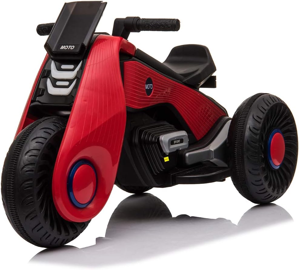 Goujxcy Kids Ride on Electric Motorcycle 3 Wheels, Rechargeable 6V Dual Drive Battery with Charger, Speed 3-5KM/H, Music Version, Gift Motorbike for Children 3-7 Years Old, Red