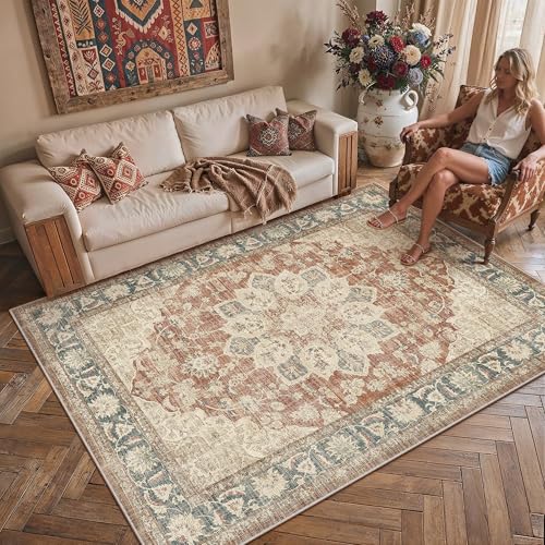 PureCozy Vintage Alfombra Salon 160x230cm Rojo Azul Habitacion Alfombras Lavable Antideslizante Grande Tapete Dormitorio Pie de Cama Sala Comedor Carpet Pelo Corto Rug