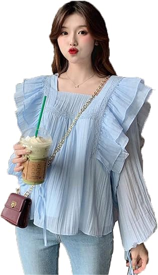 Amazon ベィジャン シャツ ブラウス 長袖 レディース トップス フリル シフォン パフスリーブ かわいい 甘い ゆったり リゾート ファッション 春秋 ブルー シャツ ブラウス 通販