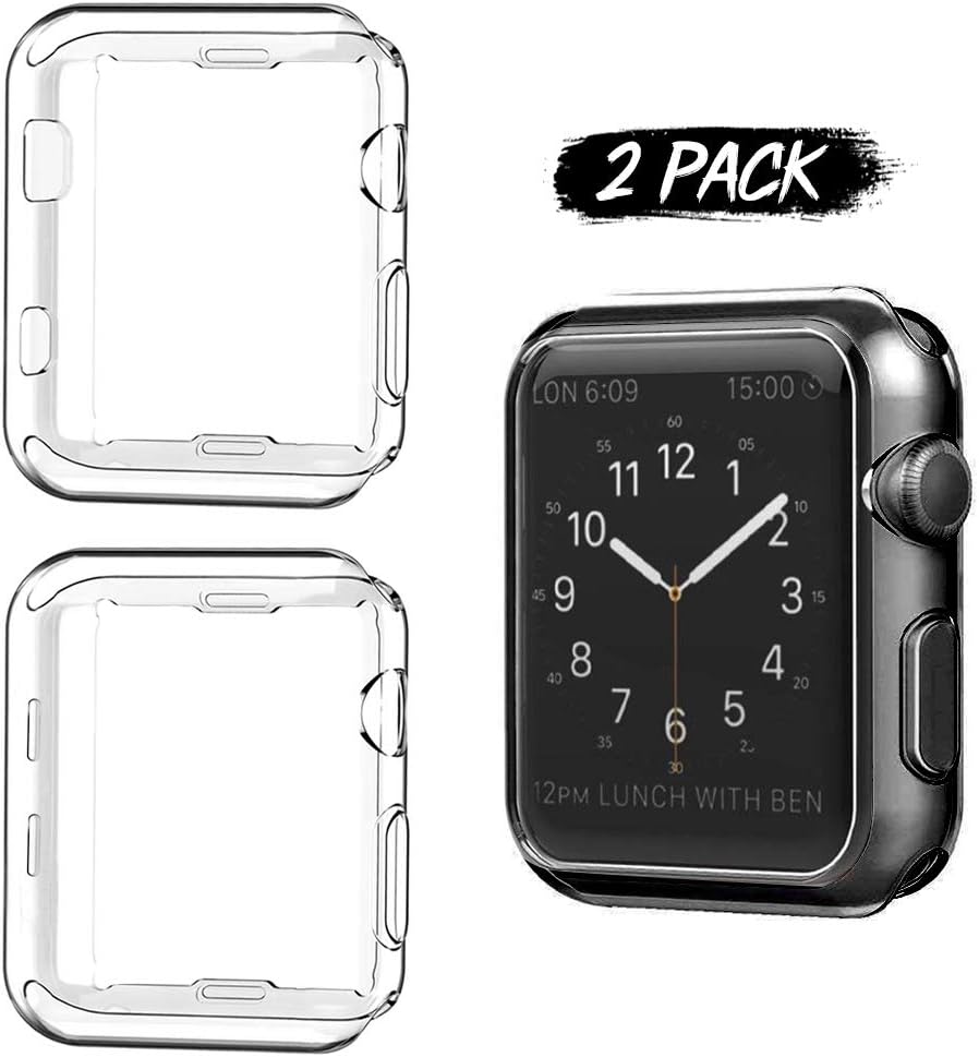 Mosstek Case for Apple Watch Series 5 4 3 2 1, 38mm 40mm 42mm 44mm Soft TPU Clear Overall Protective Case, Screen Protector for iWatch 5 4 3 2 1 (2-Pack)