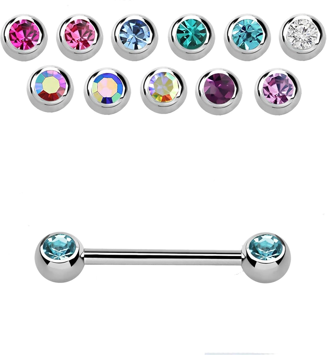 Nipple Piercing Bar with Balls and Front Crystals 1.6 mm Diameter