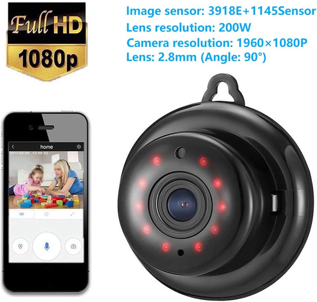 Mini Überwachungskamera,WiFi/WLAN IP Kamera/1080P WiFi Kamera mit Bewegungsmelder Aussen und Infrarot Nachtsicht,2-Way Audio，Nachtsicht, Videowiedergabe-Schwarz